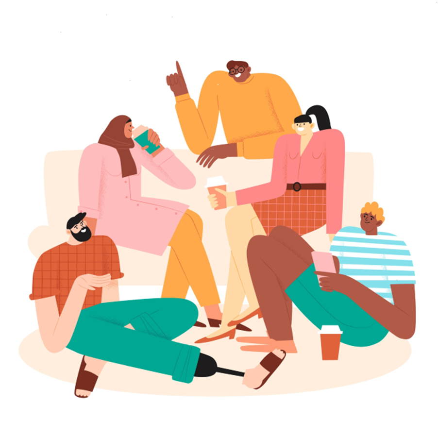 Gruppe Menschen sitzt zusammen und trinkt Kaffee