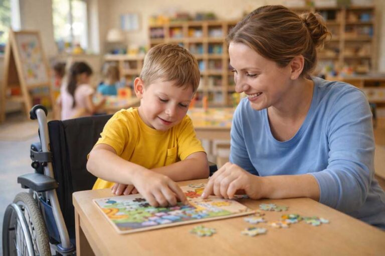 School-companion-helps-boy-in-wheelchair