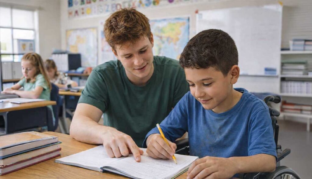 Schulbegleiter-hilft-Schueler-im-Rollstuhl